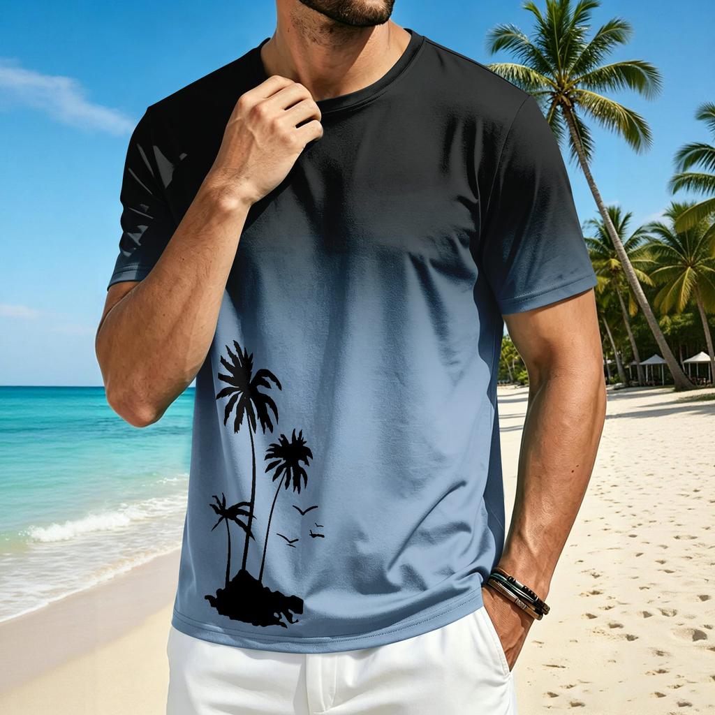 Men’s Summer Crew Neck Short Sleeve T Shirt with Hawaiian Print Casual Comfortable Fit Lightweight Top