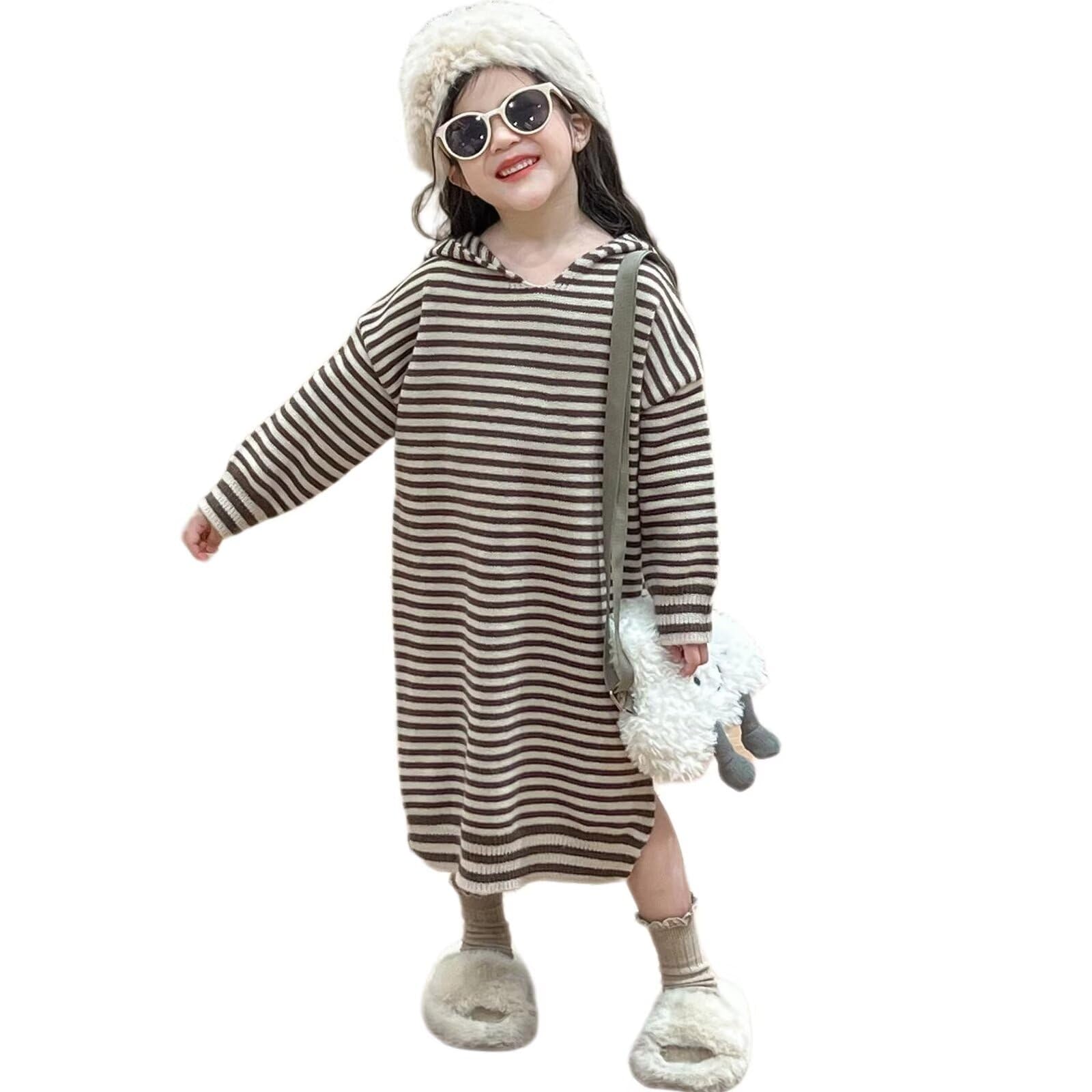 

Long Sleeve Knit Hooded Striped Knit Sweater Long Length Casual Cute Clothing for and Cold Weather Sizes [Jzozuxvv] Girls Dress, Pullover, Dress,