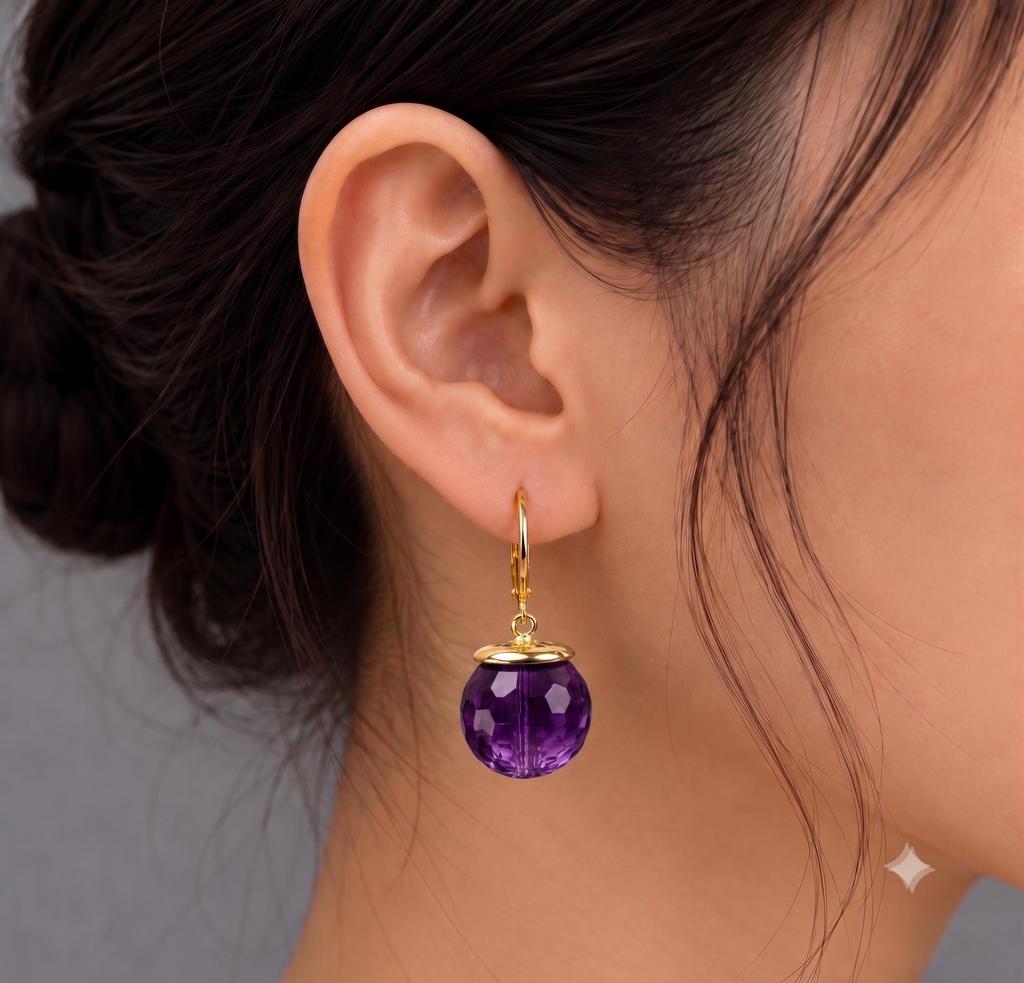 Amethyst Earring For Her, Ball Shape Gemstone, 925 Sterling Silver, Drop Dangle Earring, Gold Fill Leverback Earring, Women Jewelry