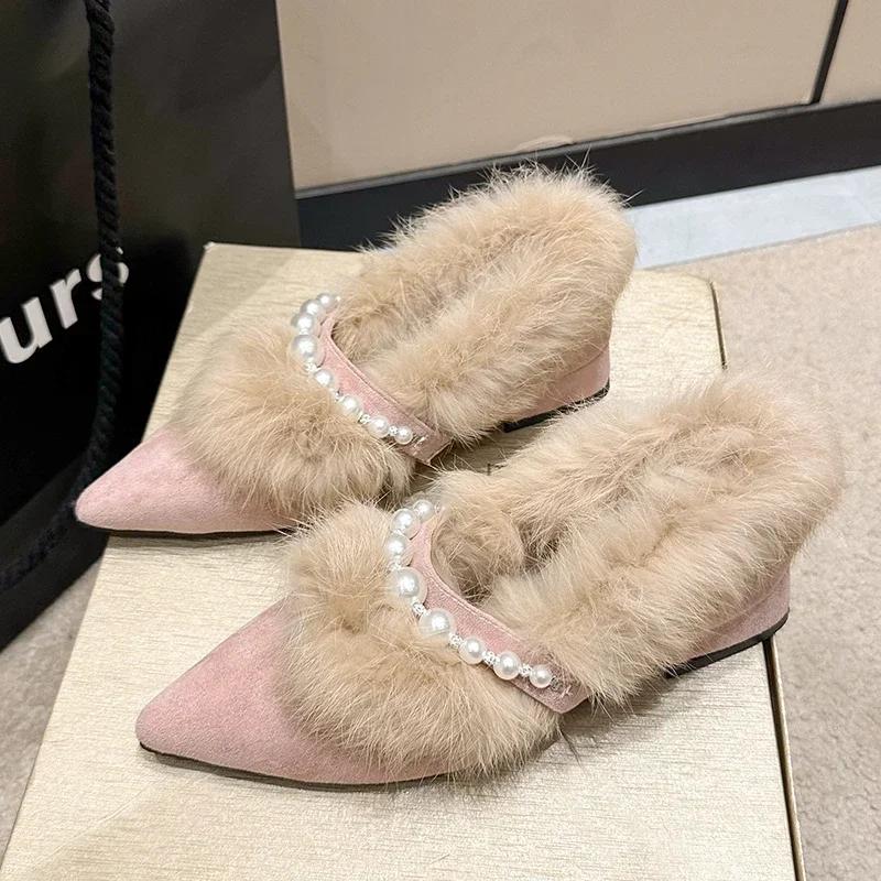 Pointed Toe Fur Beaded Women Shoes Suede Fashion Elegant Chunky Loafers Shoes Woman 2025 Winter Crystal Pumps Dress Snow Botas