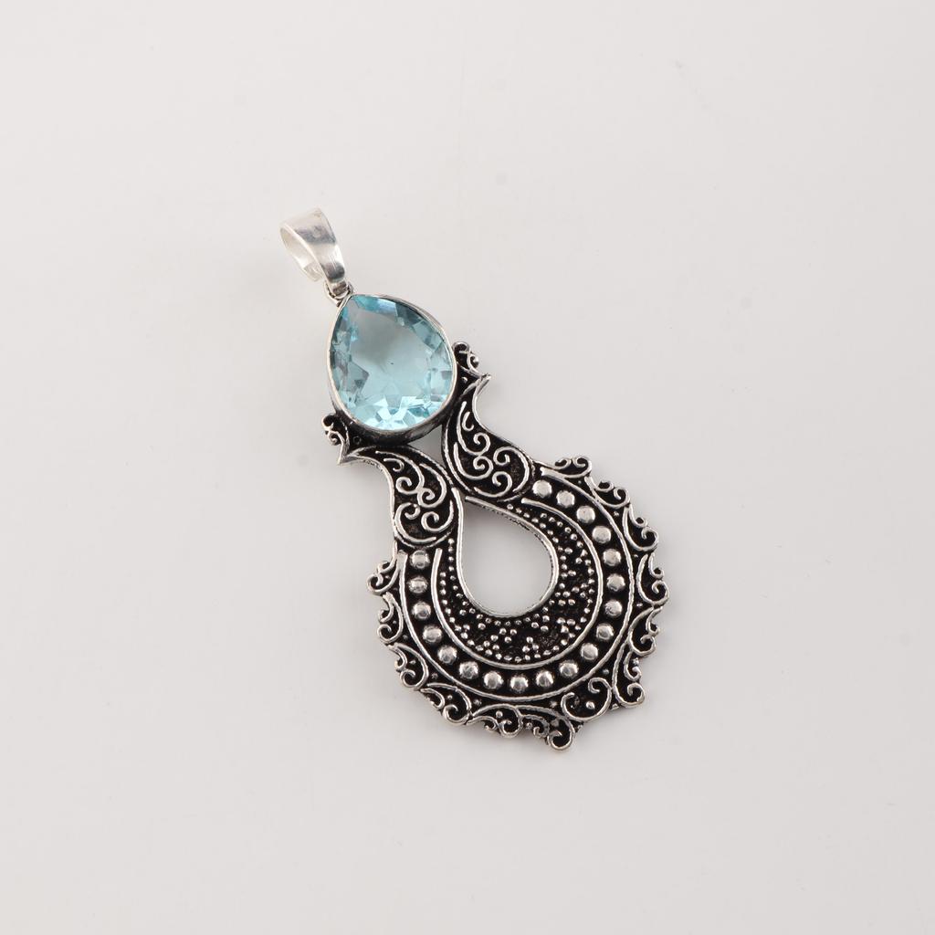Sky Blue Topaz Gemstone 925 Sterling Silver Jewelry Women Oxidize Pendant 1.8" For Mother's Day Gift CP-45-9