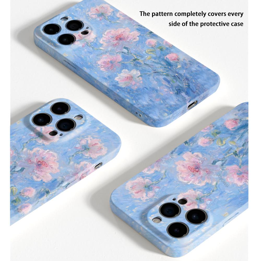 Blue oil painting flower mobile phone case Apple 16promax anti-drop all-inclusive film case iPhone17pm art style