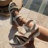 Slope heel platform sandals women's summer new large size bow one-word buckle casual women's sandals