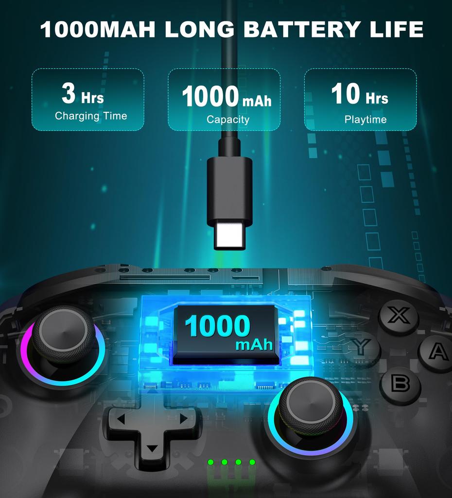 Switch Controller with RGB Macro Hall Effect Turbo 1000mAh High Compatible with Fish Scale Design 6-Color Light, Function, Joystick, Wireless,