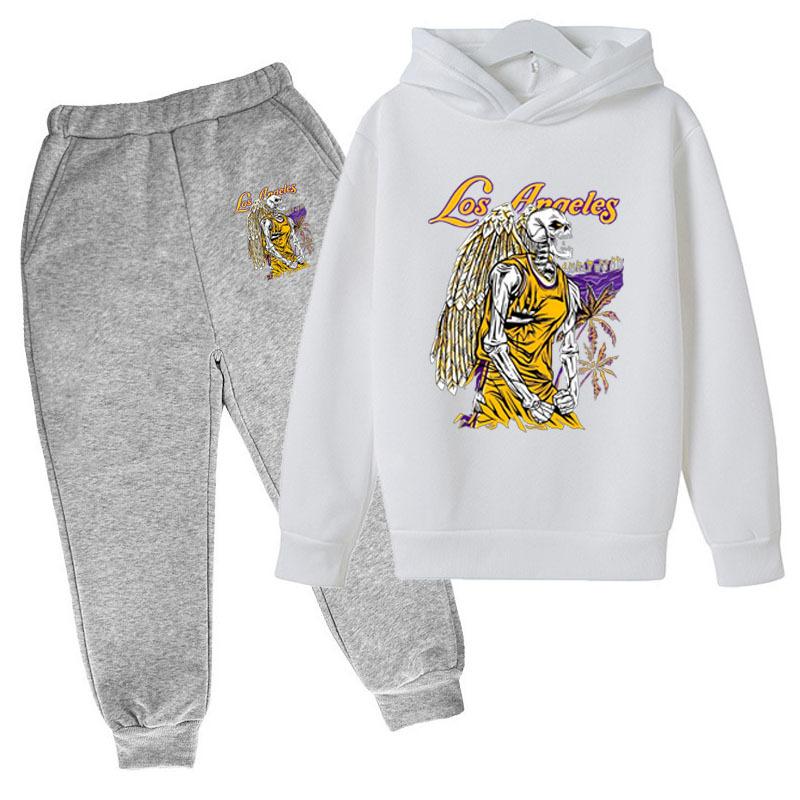Autumn Winter Los Angeles Lakers "City of Angels" Skeleton Printed Hoodies Sweatpants Set Casual Warm Sports Long Sleeved Pants Men's Sport Wear