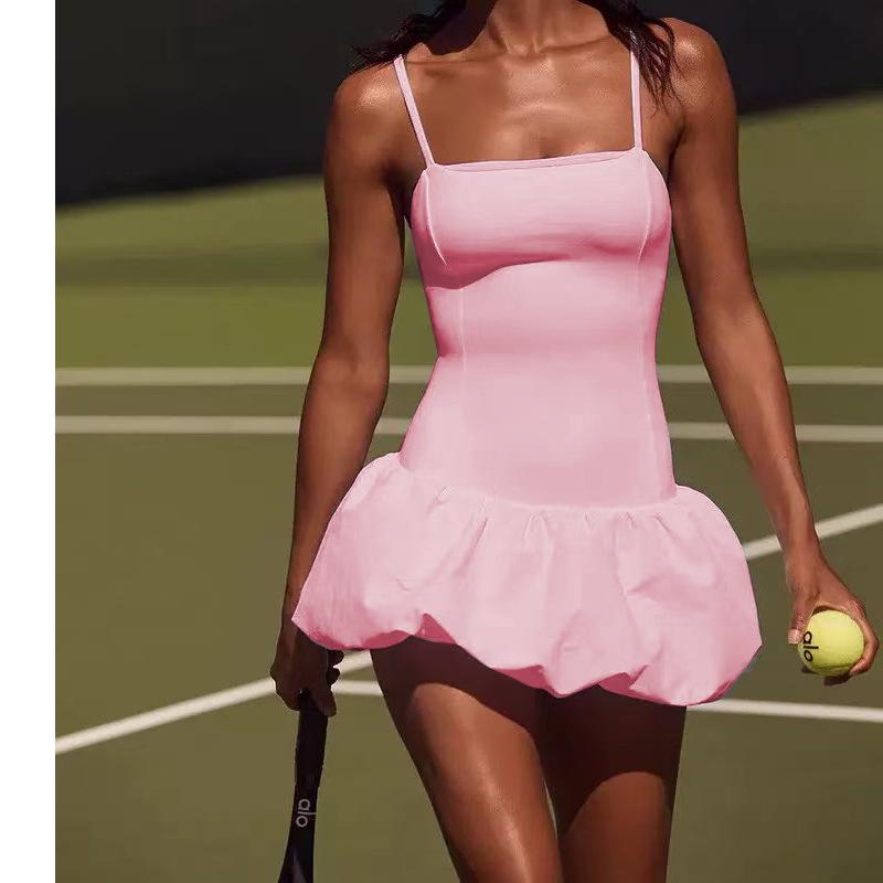 Elegant Cross-Border Sweet Style Camisole with Chest Pad: Pleated Tennis Skirt and Anti-Exposure Puff Design