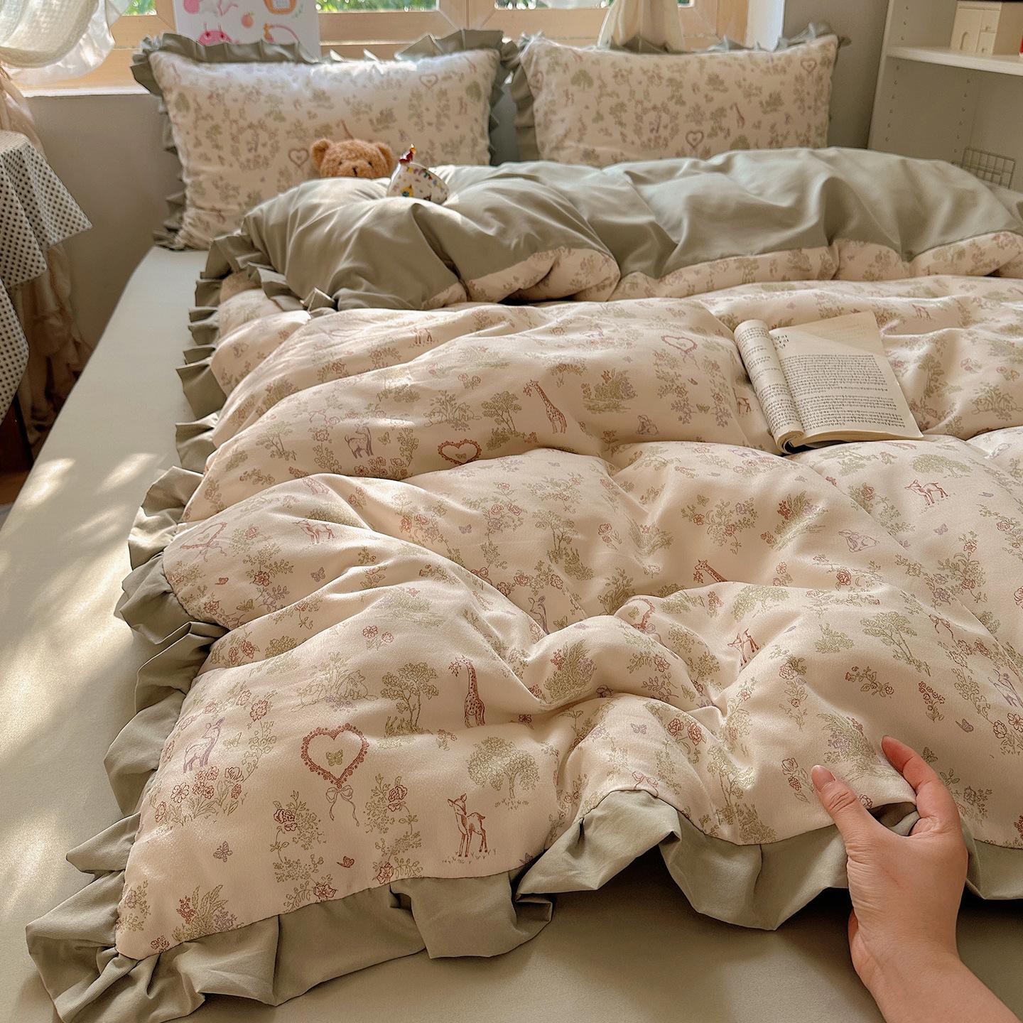 

Комплект постільної білизни з подвійної пряжі з мереживом, Приємний до шкіри, Дихаючий та Комфортний, Прані простирадла, Підковдри, Наволочки, Комплекти 2.0m bed