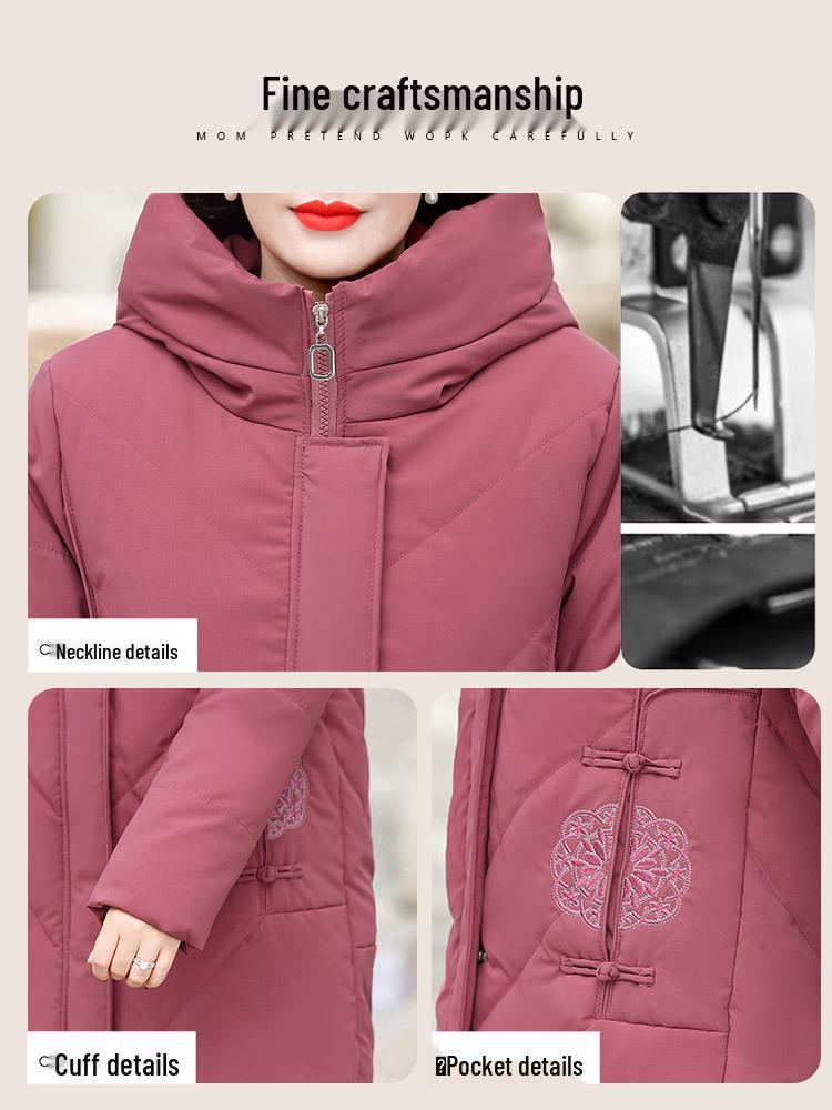 Red Mid-Length Winter Jacket for Middle-Aged and Elderly Women - Thick, Cotton-Padded, Suitable for Spring and Autumn