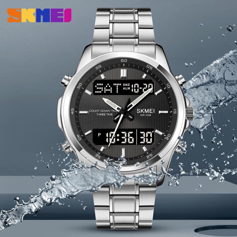 SKMEI 2049 Sport Quartz Digital Business Watches Stainless Steel Wristwatch Men's Waterproof LED Electronic Relogio Masculino