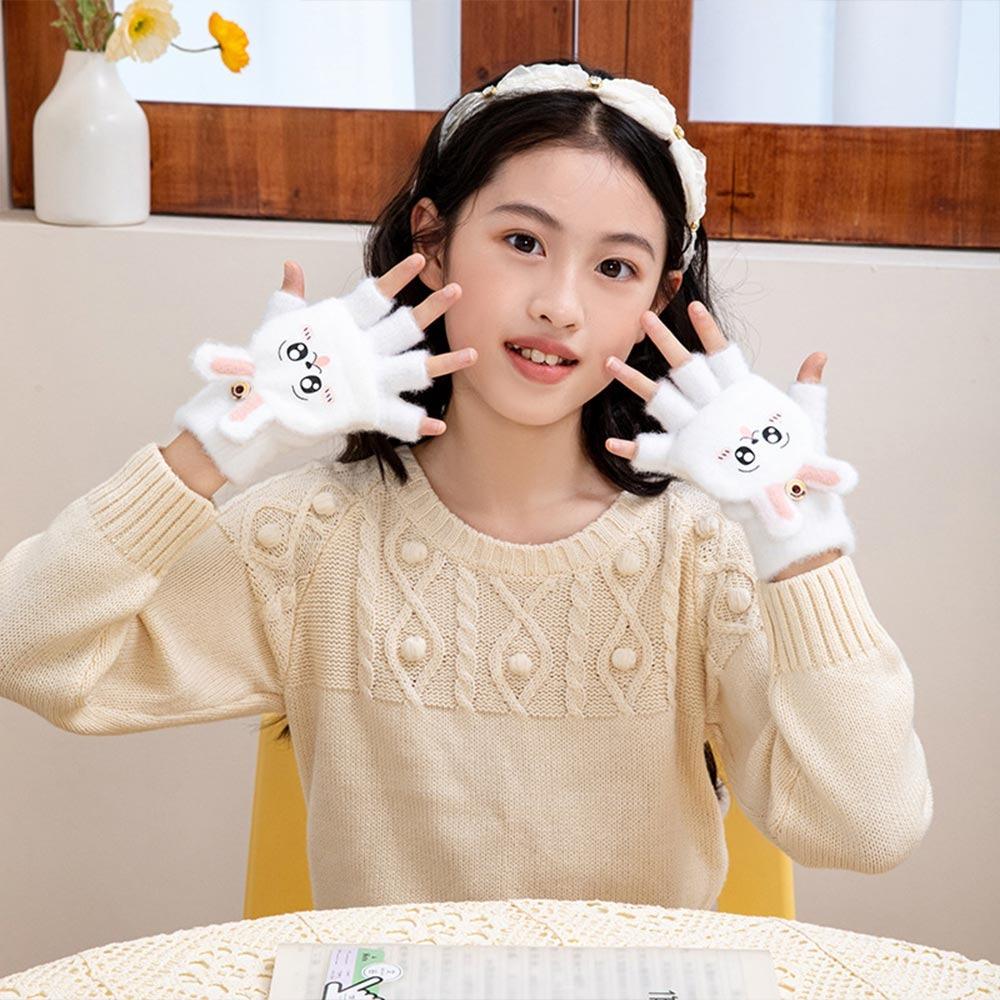 Half Finger Flip Cover Student Mittens Thick Plush Riding/Writing Gloves Knit Gloves 3-12Years