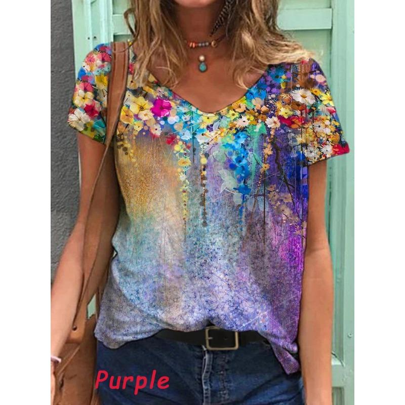 

Women Fashion V Neck Slim Fit Short Sleeve Pullover 3D Flowers Print Casual Plus Size T Shirt Tops S