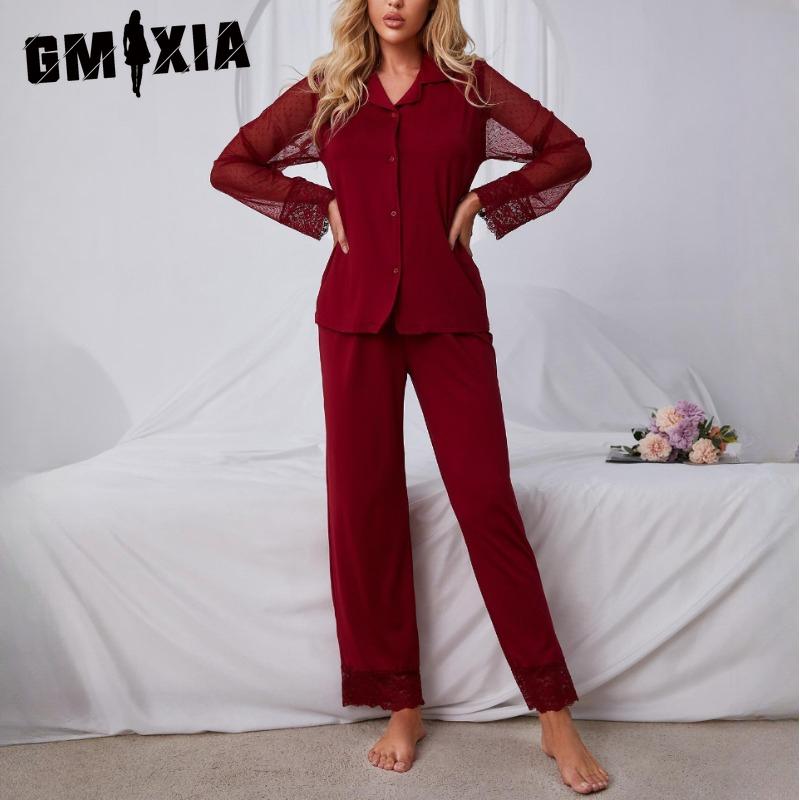 

GMXIA Женский домашний костюм однотонный кружевной сетчатый с длинным рукавом и длинными брюками S красный