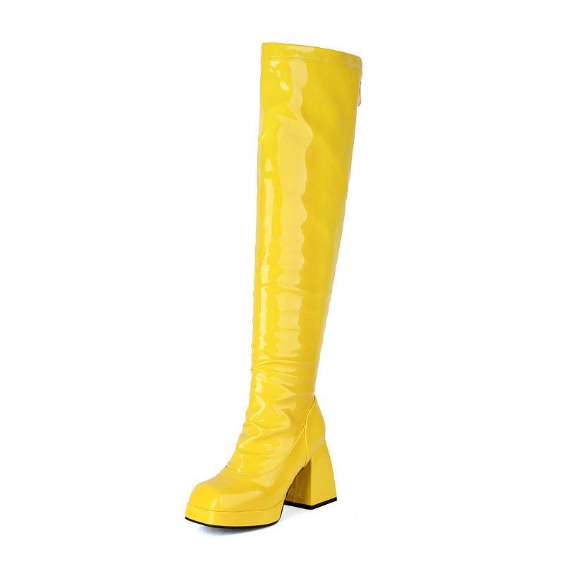 Knight boots patent leather square head thick sole thick heel super high heel rear zipper women's knee boots elastic thin boots long women's boots