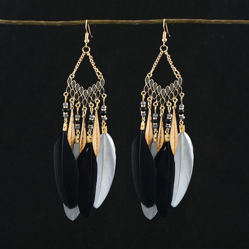 Retro Feather Fringed Earrings Women's Niche Personality Bohemian Blue Long Yunnan Travel Photography Earrings