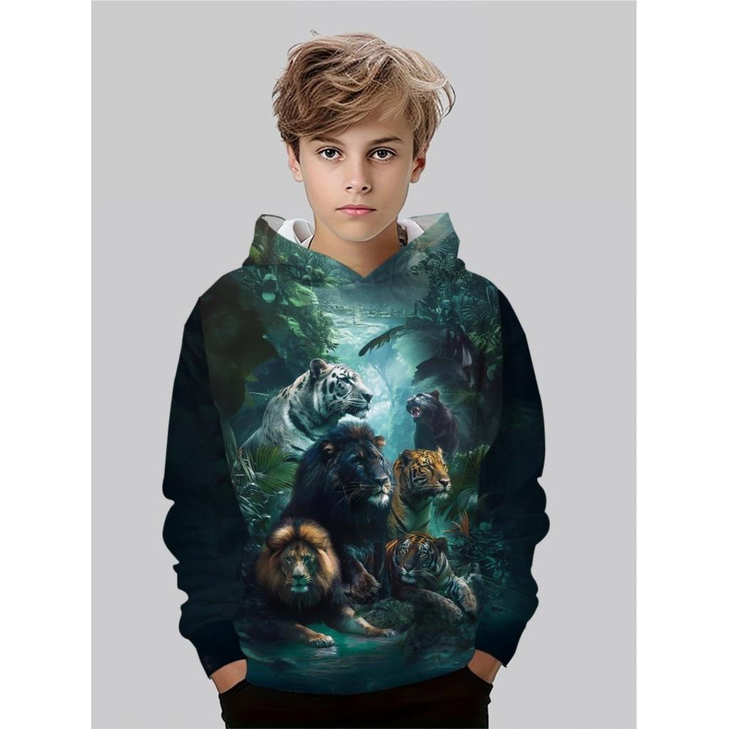 Tiger, lion, leopard patterns, hooded sweaters for birthday parties, fashionable children's fashion, young adventurers