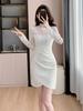 Elegant Lace Patchwork Semi-High Neck Dress: Waist-Cinching, Hip-Hugging Short Skirt