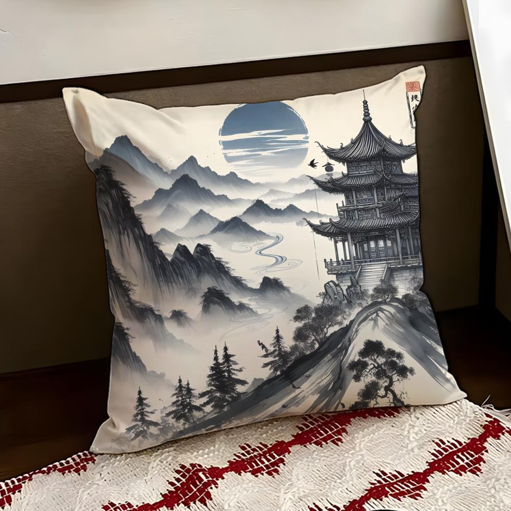 Poszewka na poduszkę w stylu chińskiego malarstwa tuszem Dwustronna Miękka Trwała Poszewka na Poduszkę Dom Samochód Wieloscenariuszowe Zastosowanie dla Codziennego Komfortu