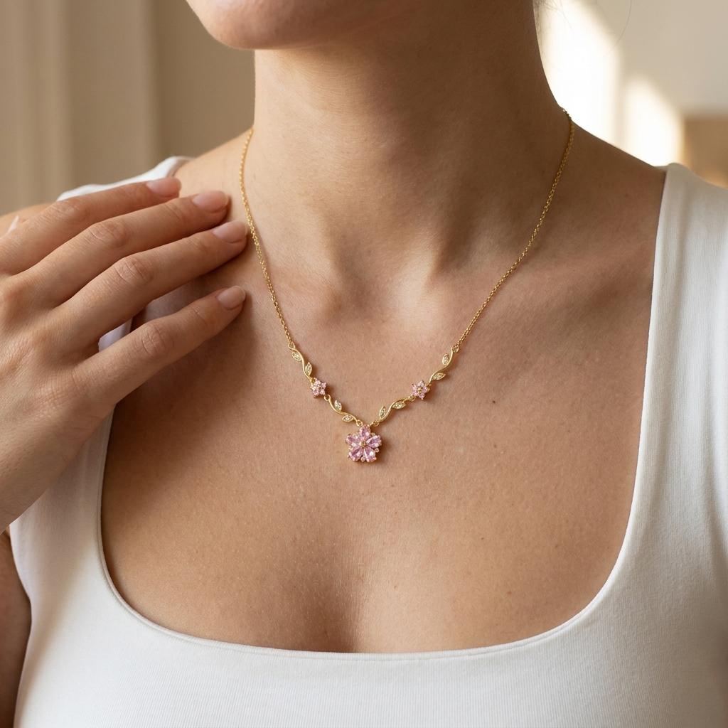 New Cute Romantic Pink Sakura Pendant Necklaces for Women Y2K Sweet Synthetic Zircon Flowers Bracelet Charms Wedding Jewelry Set