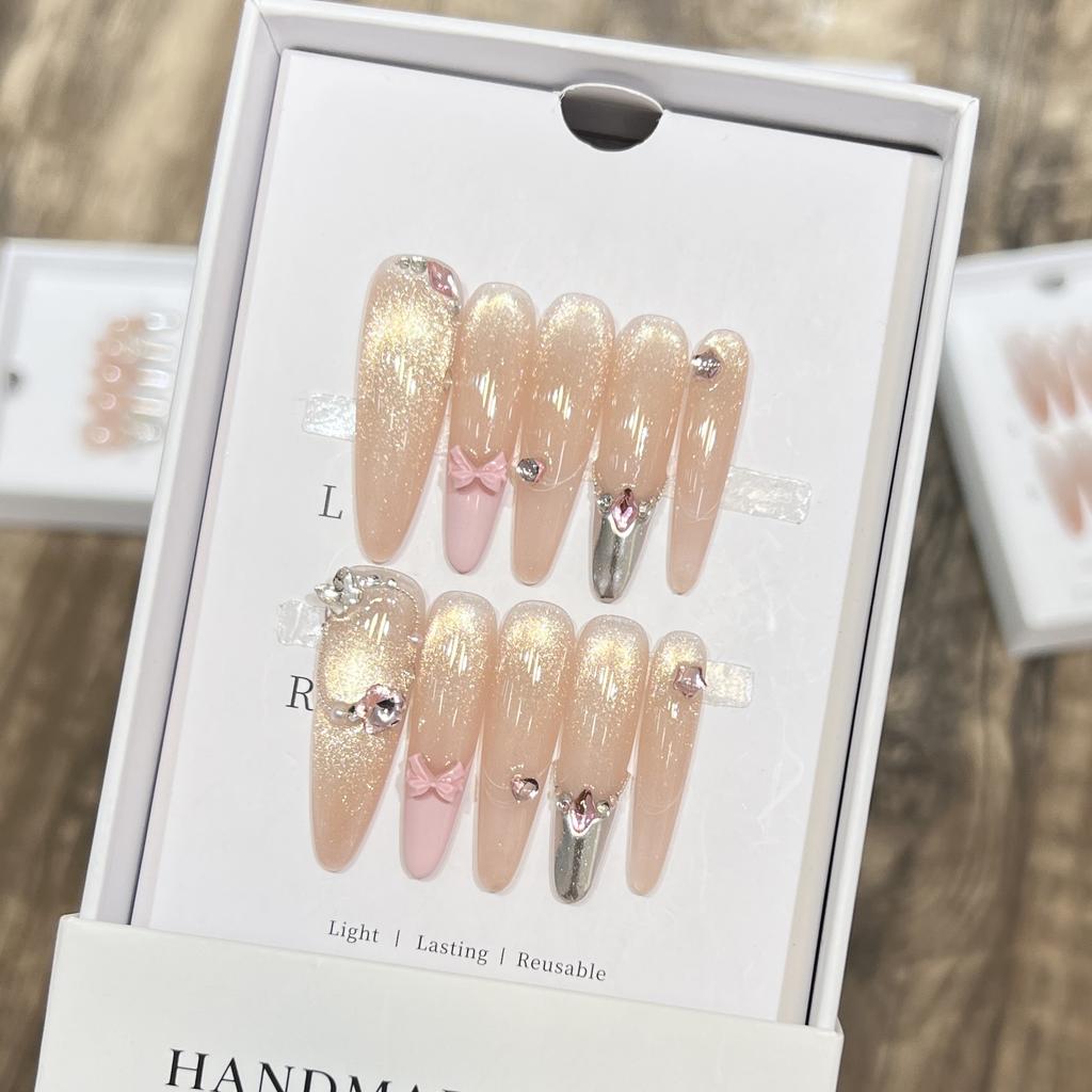 Girly Nude Cat Eyes Pink French Bow Bursting Broken Diamond Pure Hand-wearing Armor Advanced