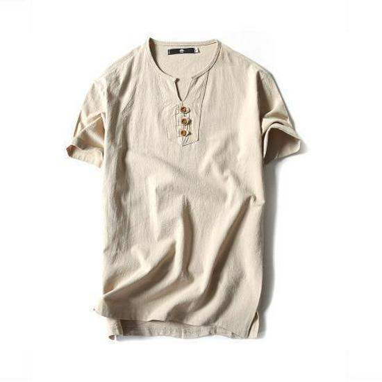 Men's Chinese-Style V-Neck Linen T-Shirt - Short-Sleeved, Solid Color, Summer Cotton Blend