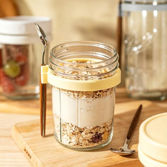 Overnight Oats Containers with Airtight Lid & Spoon 350ml Breakfast Container for Yogurt Salad Chia Pudding Leak-Proof Portable Glass Jars for Meal