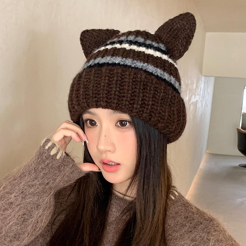 Winter Women Cute Cat Ears Stretchy Hats Fashion Warm Beanie Hat Striped Knitted Handmade Adult Cover Head Caps Casual New