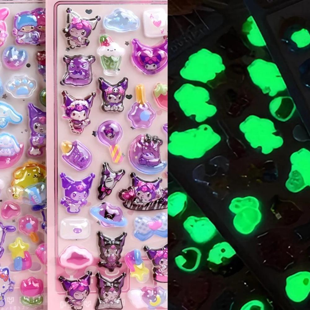 Leuchtende Niedliche Sanrio 3D Relief Aufkleber Kawaii Mädchen Kuromi Cinnamoroll My Melody Kristall Aufkleber Kinder Dekorations Aufkleber Packungen