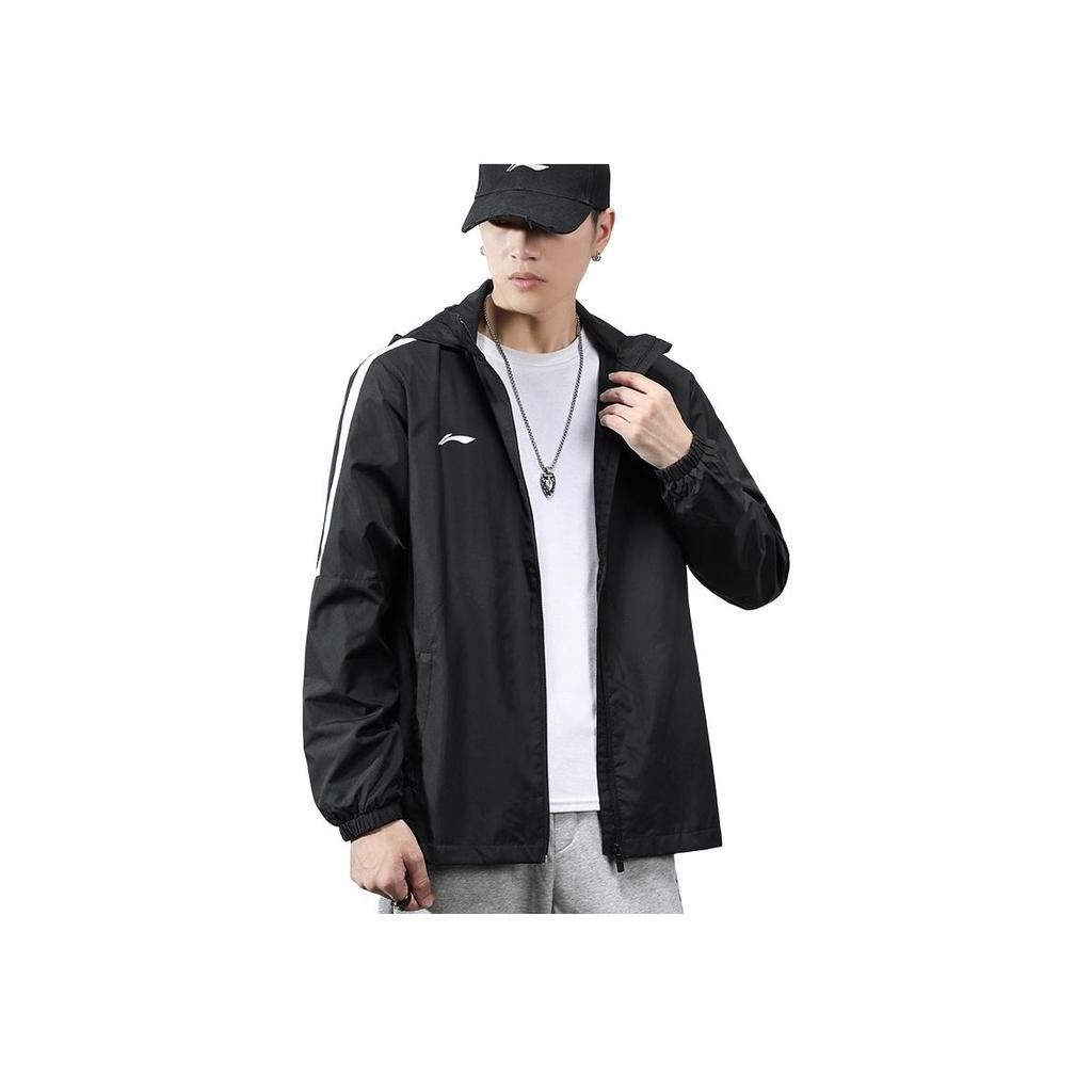 Li Ning Loose Fit Color Block Hooded Windbreaker Men Outerwear Black AFDR445-5