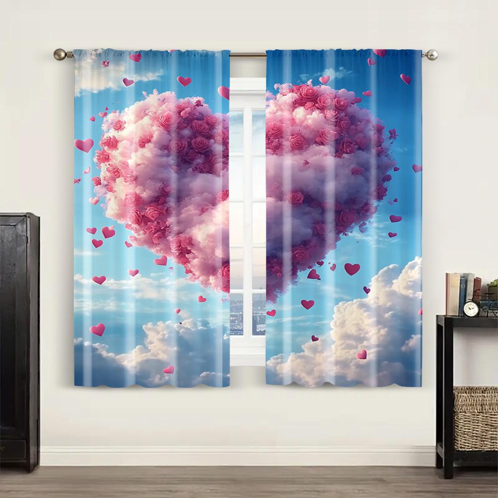 2pc,  Curtain Romantic Heart-shaped Clouds Blackout  Polyester Summer Party Decorations Applies To Holiday Decorations