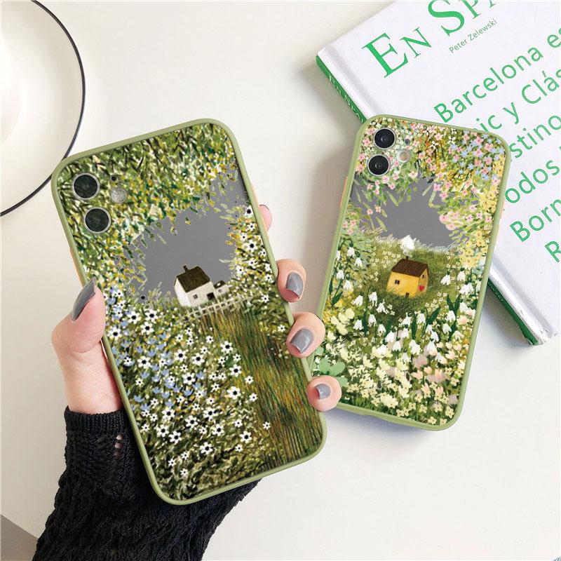 Retro Scenery Painted Phone Case For iphone 16 7 8 Plus SE2 X XS XR 16 14 12 13 11 Pro Max Large Flower Fields Log Cabin Covers