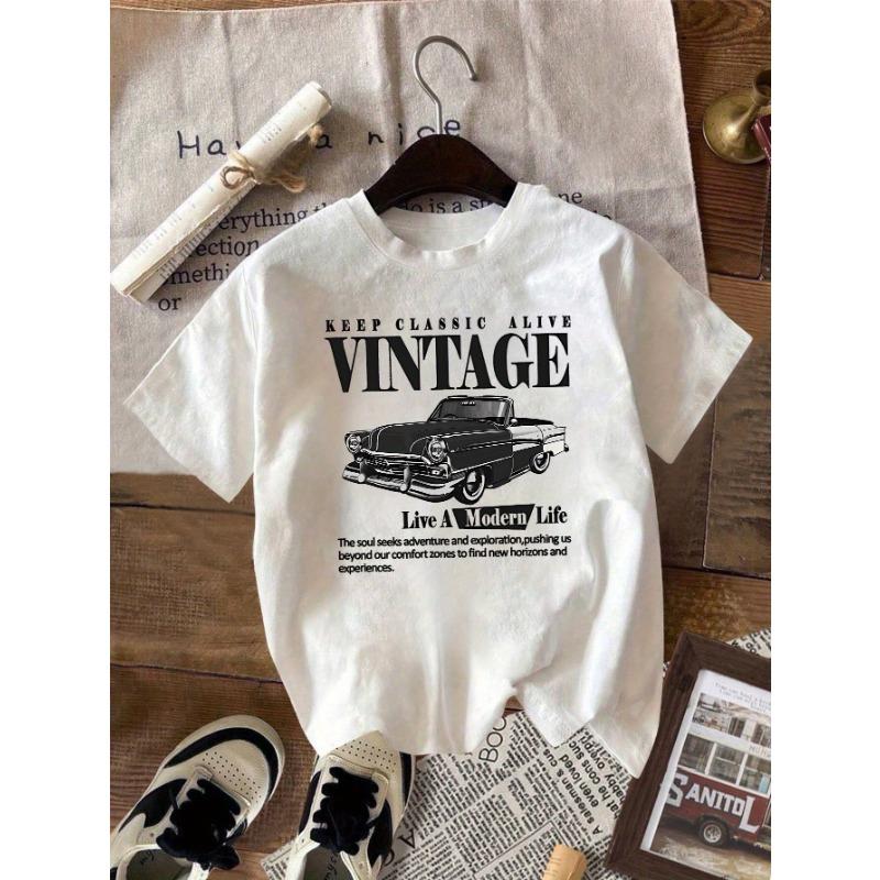 Womens Vintage Car Pattern TShirt Keep it Classic design white casual top with black and gray art translucent material S
