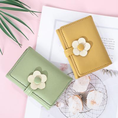 Damen-Geldbörse, luxuriöses Kunstleder, Blumenknopf, dreifach gefaltet, mit mehreren Steckplätzen, Kartenhalter, kurze, schlanke Geldbörse, Geldetui, Tasche, Mädchen-Geschenk