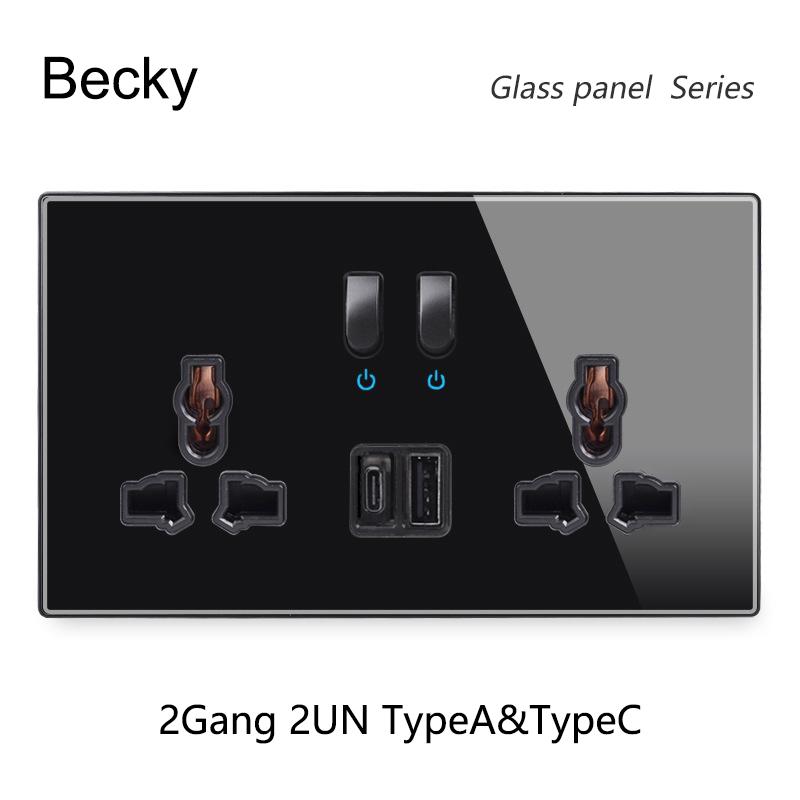 146 Piano Key Reset Switch Tempered Glass Panel 2Gang UN Multifunctional 3-hole Combination Office Hotel Home Villa Decoration