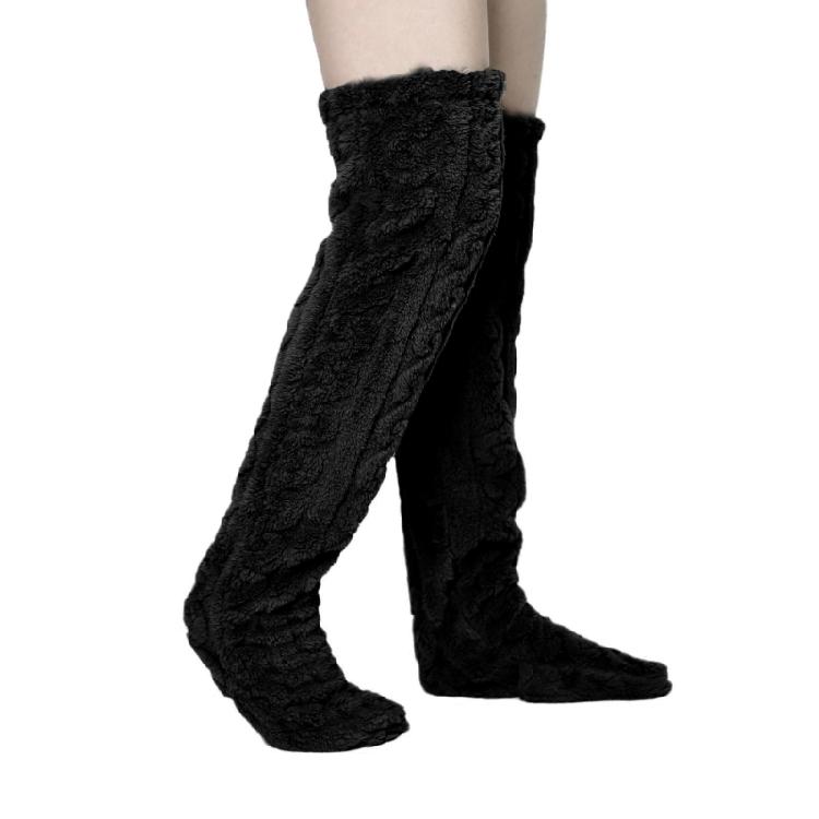 Womens Over Knee Fuzzy Stockings Cable Pattern Furry Fleece Thigh High Long Socks Winter Leg Warmer Slipper Stockings