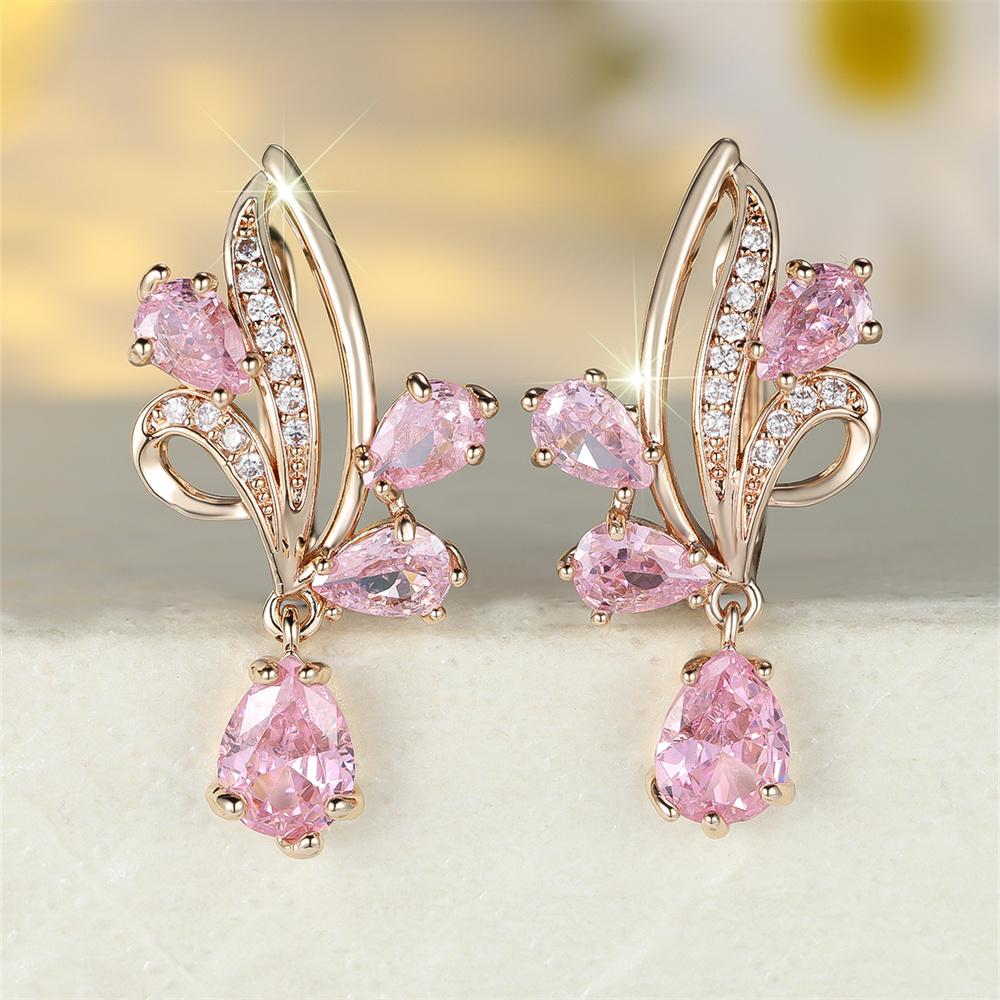 

Water Drop Stone Pink Crystal Flower Hoop Earrings For Women Vintage Gold Color Ear Buckle Wedding Jewelry Engagement Party Gift