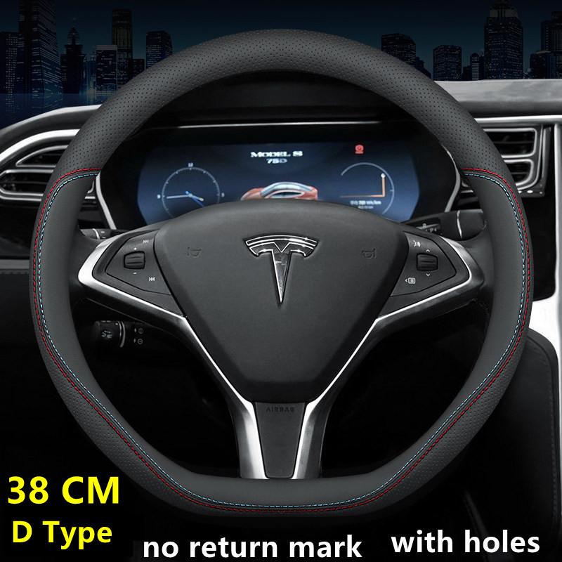 Steering Wheel Cover For Tesla Model 3 Y S X Nappa Leather 4 Seasons 36-39 CM Diameter Black Car Interior Accessories 2017-2024