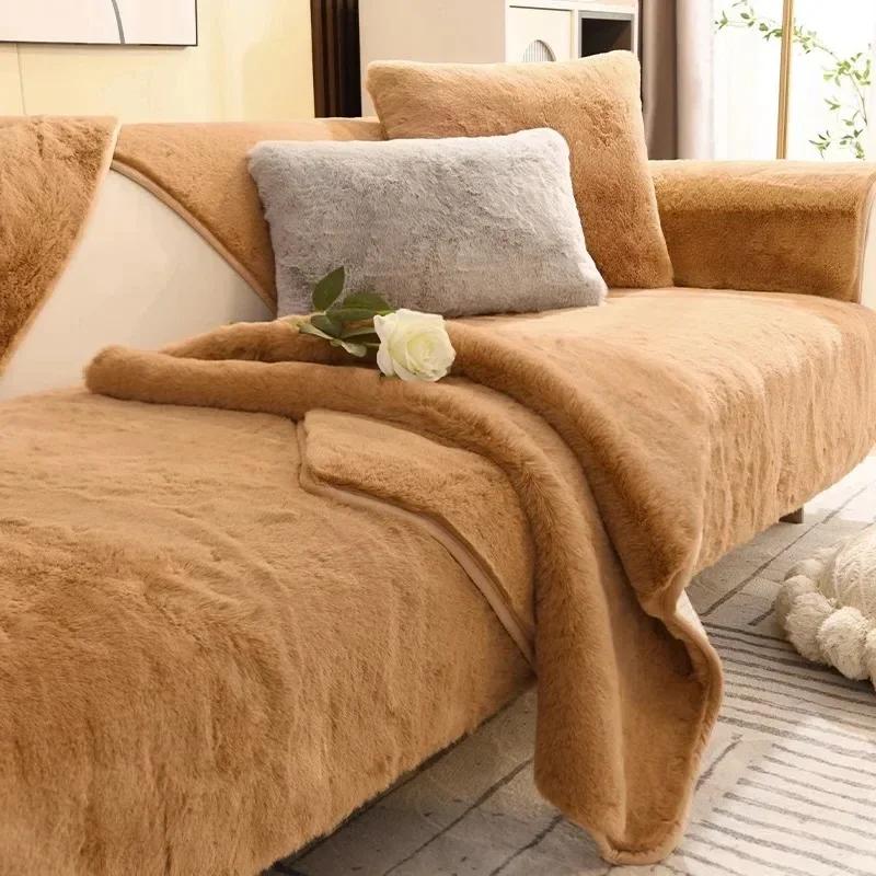Plush Soft Sofa Cover Winter Warm Rabbit Fur Sofa CushionTowel Anti-Slip Sofa Chair Slip Covers Living Room Decor Blanket Mat