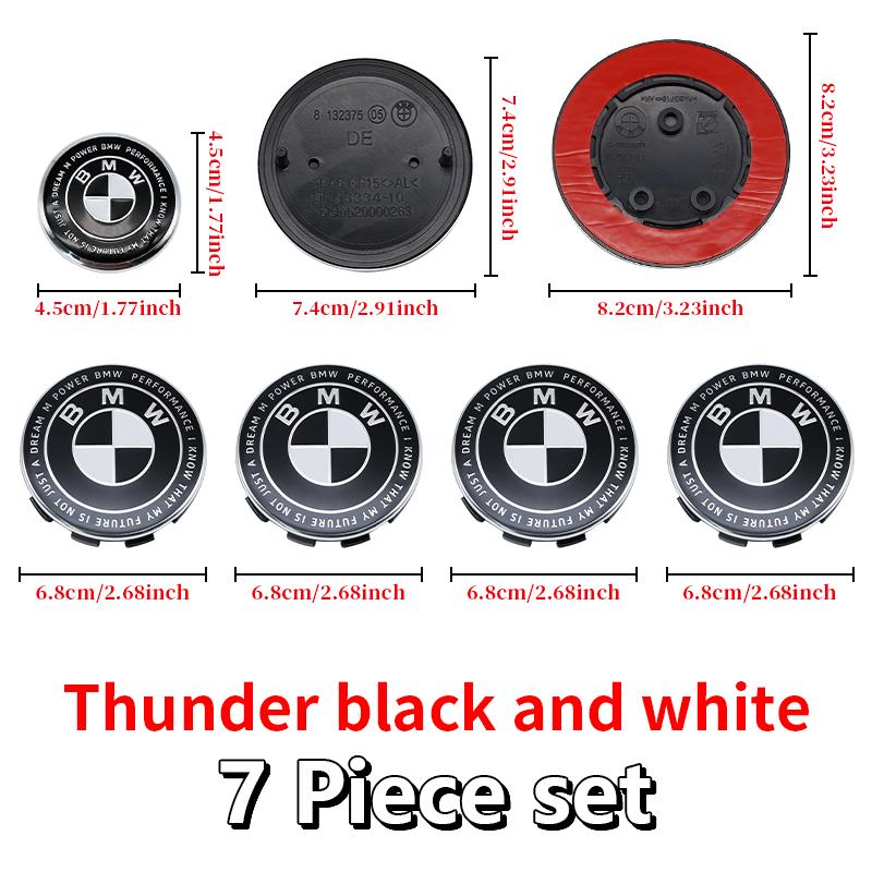 Competition Black White Emblem Set for BMW Hood Trunk Wheel Steering Badge 7Pcs 74m 82mm 68mm 56mm Universal 2-Pin 3-Pin Clips