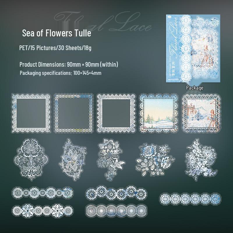 Beautiful Day PET Sticker Series: Floral Lace Journal Decorations, Set of 6