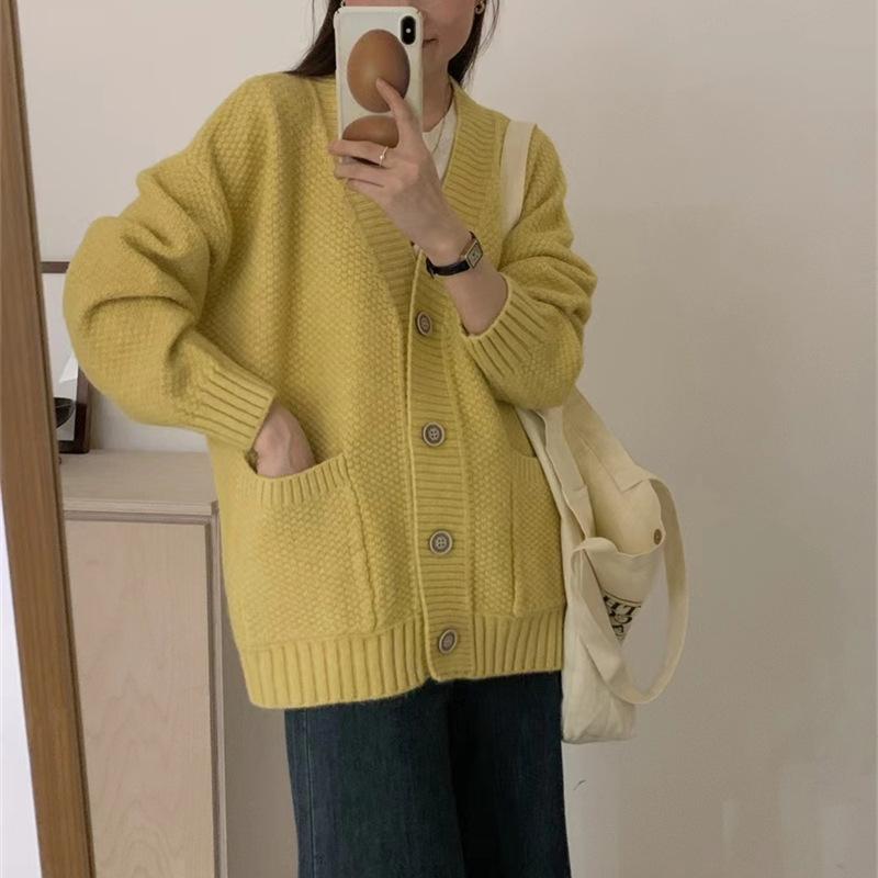 

Зимовий светр-кардиган з V-подібним вирізом для жінок, вільний та щільний, кольоровий, м який та приємний на дотик, в язаний кардиган One Size жовтий