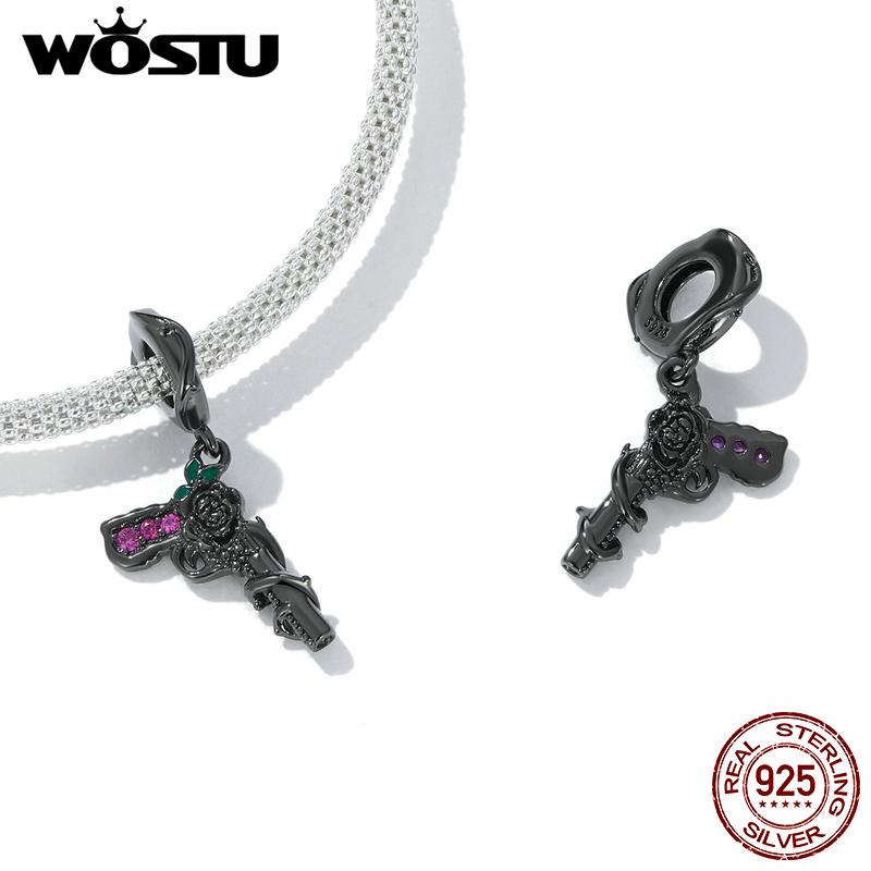 

WOSTU Стерлингового Серебра 925 Темный Пистолет Роза Шарм Черное Золото Покрытием Бусина Подходит Оригинальный Браслет Панк Винтажные Ювелирные Изделия 925 silver