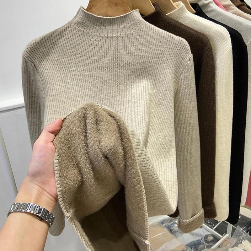 Winter Half High Collar Plush Knitted Sweater For Women Fashion 2024 Office-lady Pullover Sweaters Slim Fit Casual Warm Velvet Knitwear Clothes 30068
