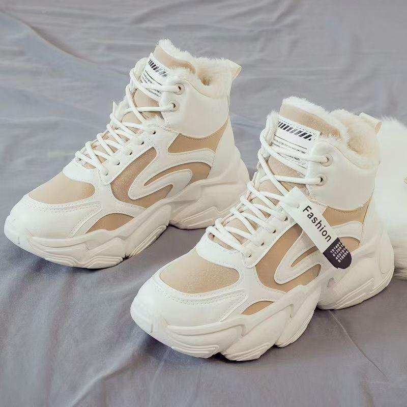 Modische High-Top-Schnür-Dad-Schuhe mit Wollfutter für den Winter, für koreanische Studentinnen, warme und modische Baumwoll-Sportschuhe mit dicker Sohle für Damen
