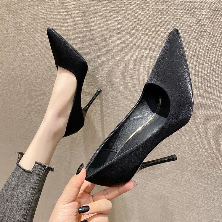 2025 New Spring and Autumn Versatile Black Professional Satin High Heels Women's Fine Heels Non-slip Pointed Single Shoes Women's Shoes