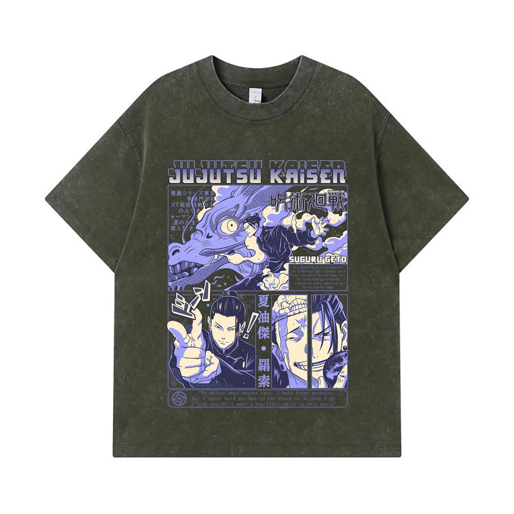 

275 GSM Washed T-shirts 100% Cotton Jujutsu Kaisen V13 Geto Print Unisex Heavy Cotton T Shirt S