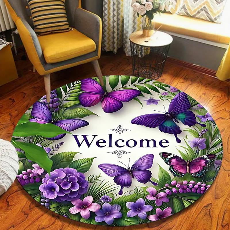 1 Charming Butterfly and Sunflower Circular Floor Mat Non Slip Washable Decorative Floor Embellishment for Living Room Bedroom