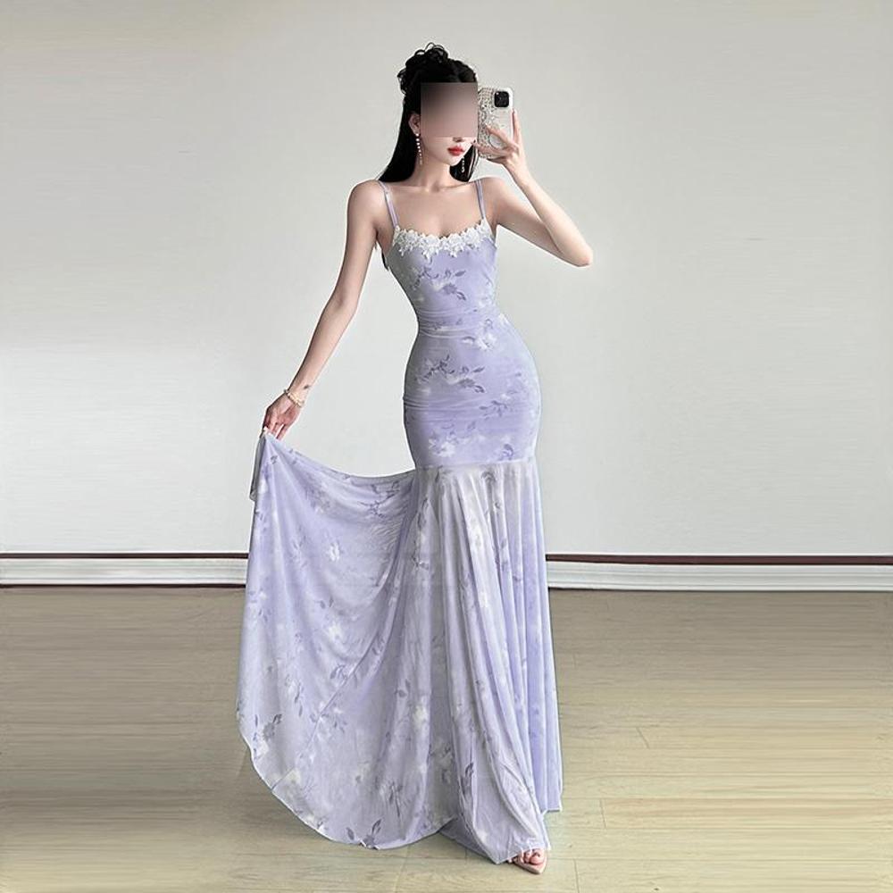 Blue Mesh Floral Suspender Dress Women's Summer Seaside Vacation Beach Dress Slim Hip Fish Tail Long Skirt