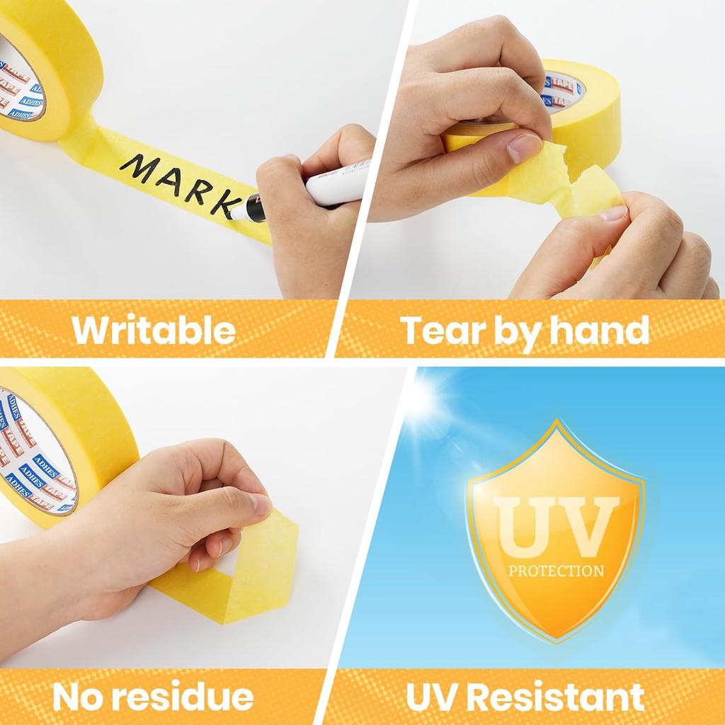 ADHES Yellow Painters Tape Yellow Masking Tape, 1.2 Inch X 55 Yards X 6 Rolls, No Residue Wall Safe Tape for Home Wall Painting, Building, School
