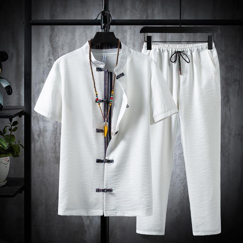

Shirts + Pants summer Cotton linen shorts sleeve Men s Casual Sets Male Fashion trousers and shirts men M белый