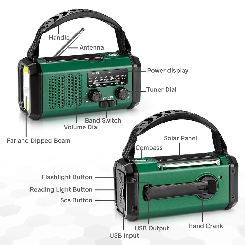 Woopker 10000mAh FM Emergency Radio Solar Hand Crank Generator FM  Radio SOS Alarm Power Bank for Car Outdoors Repair lighting